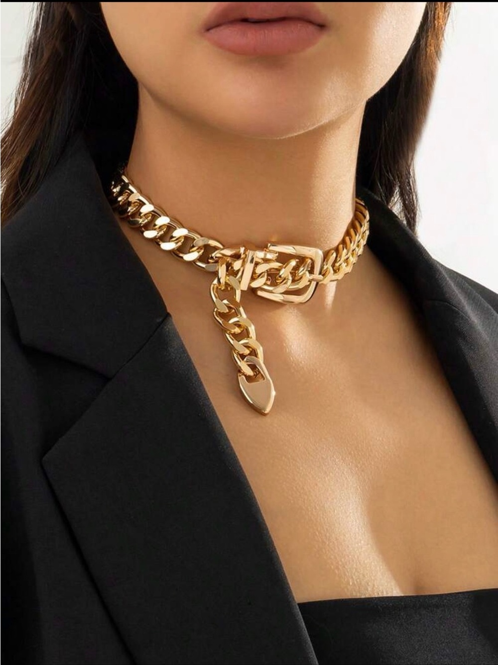 Gold Chunky Chain Choker Necklace and matching bracelet - Women's Jewelry